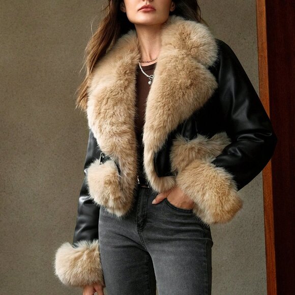 Black Casual Women's Faux leather Faux Fur Coat - Picture 5 of 7